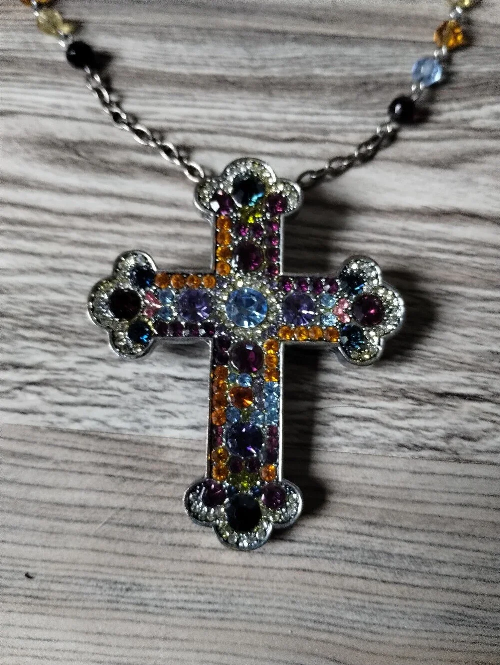 Silver Tone & Rhinestone Cross Pendant Necklace